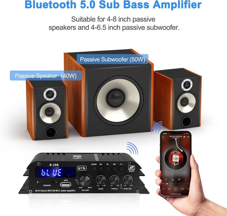 Amplificator audio Bluetooth S188 2.1CH 40Wx2+50W ieșire subwooferHiFi