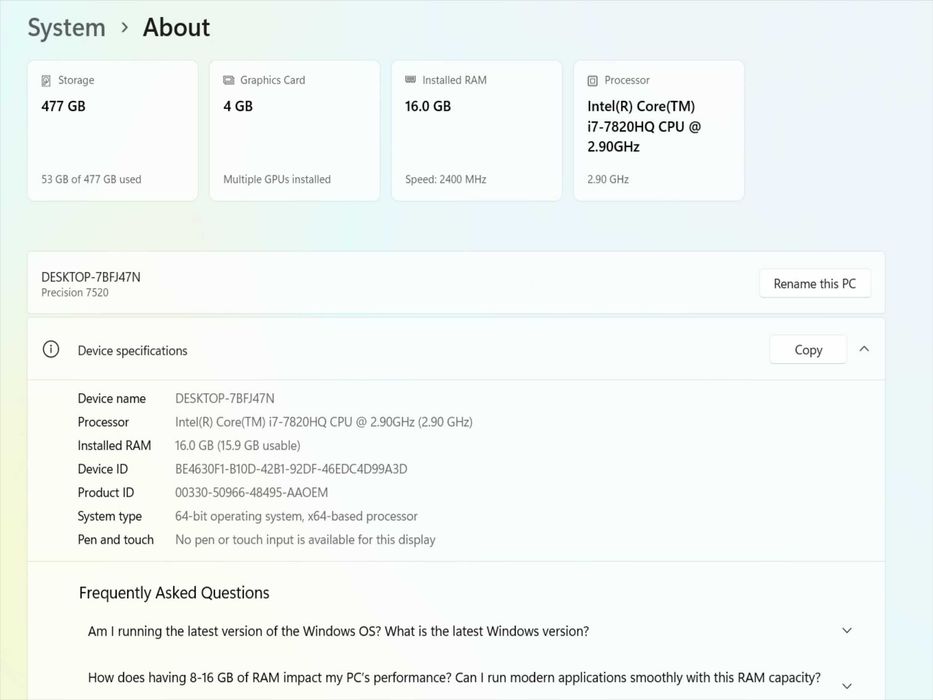 Лаптоп Dell Precision 7520 i7-7820HQ 2.90GHz/RAM16GB/QuadroM2200 4GB