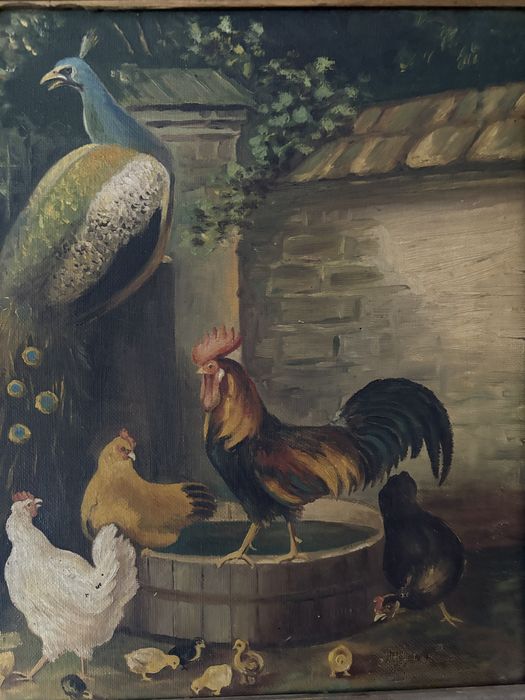 Tablou Vechi Pictură în Ulei pe Pânză Scena de Curte Paun Rama Baroca