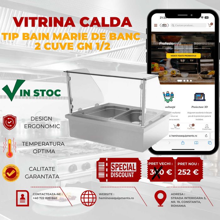 Vitrina Calda De Banc Inox (BAIN MARIE) 2,3,4,5,6 Cuve PE STOC