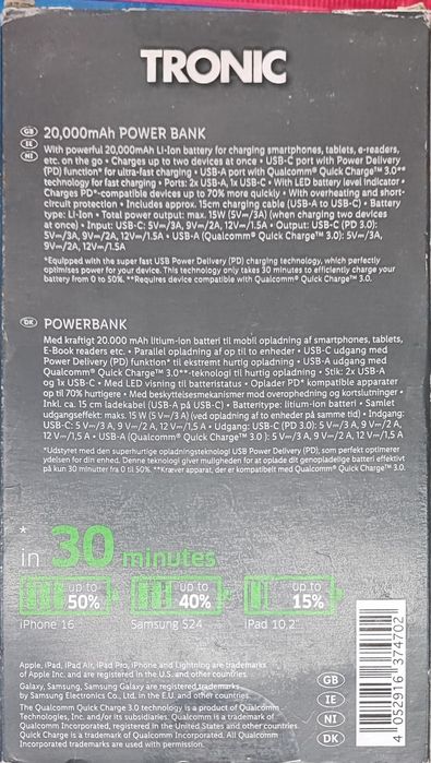 Power bank TRONIC 20.000 mAh, USB-C, PD, QC 3.0