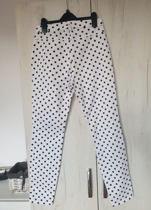 Pantaloni Madeleine M L skinny alb cu buline negre bumbac elastic noi etichetă vara vacanta casual