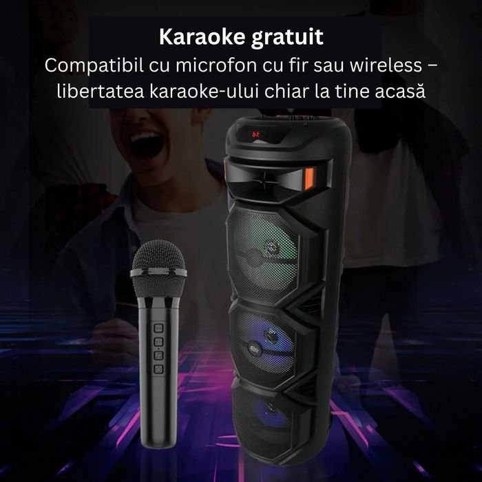 Boxa karaoke portabila Bluetooth cu microfon wireless, lumini LED RGB