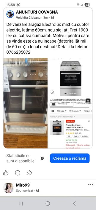 De vanzare aragaz Electrolux mixt cu cuptor electric, latime 60cm, nou sigilat. Pret 1900 lei- cu cat s-a cumparat..