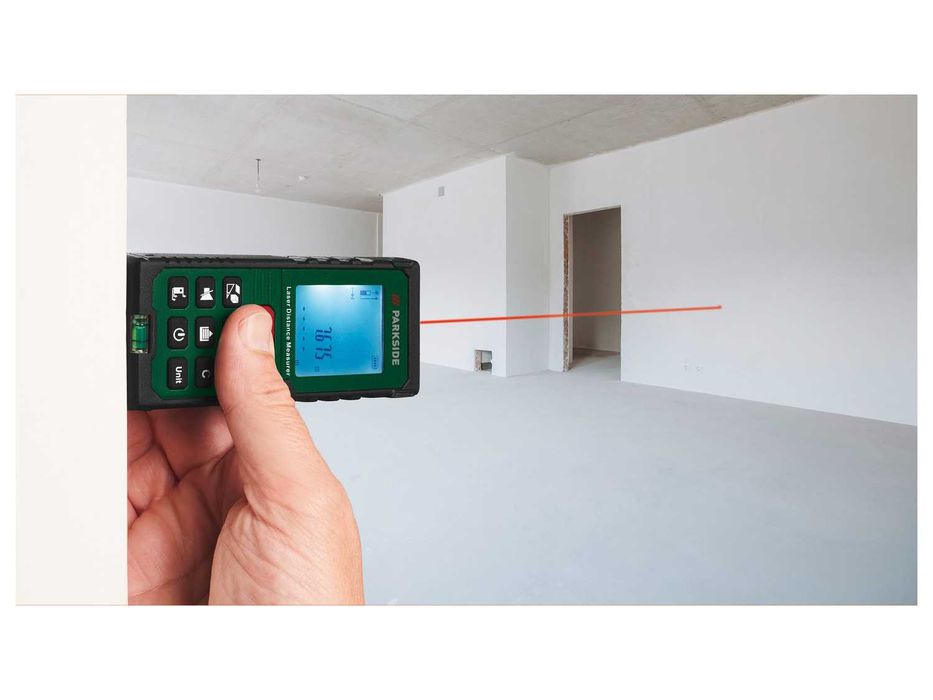 Telemetru cu laser profesional, cu functii Pitagora - calcul automat de arii si volume, nou sigilat, realizat in GERMANIA, cu boloboc si husa la curea