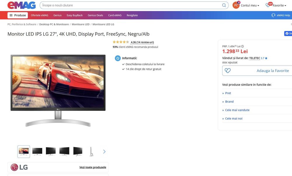 Monitor LG 27UL500-W 4K 68 cm RADEON FreeSync™ HDCP 2.2 HDR 10 Sigilat
