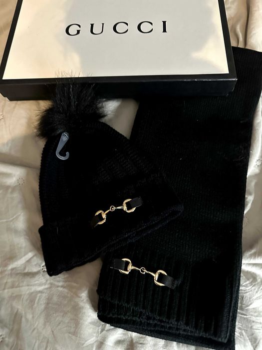 черен шал черна шапка сет комплект гучи плетени унисекс gucci нови