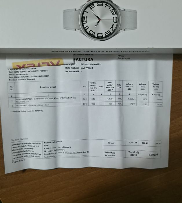 Samsung galaxy watch 6 clasic 47 mm, garantie 2028