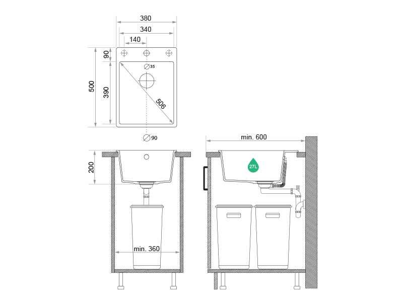 Кухненска Мивка от гранит модел Рига 40 XL 380 x 500 mm - Черна
-37%