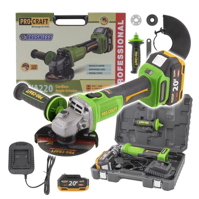 PROCRAFT PWA220 Акумулаторен безчетков ъглошлайф, 125 мм, 20V, 3500/6000/8500 об/мин, 1 батерия 4 Ah + зарядно