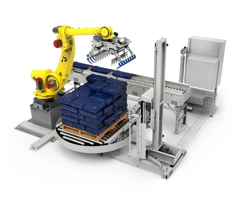 „Палетизиращ индустриален робот – автоматично подреждане на чували/кут