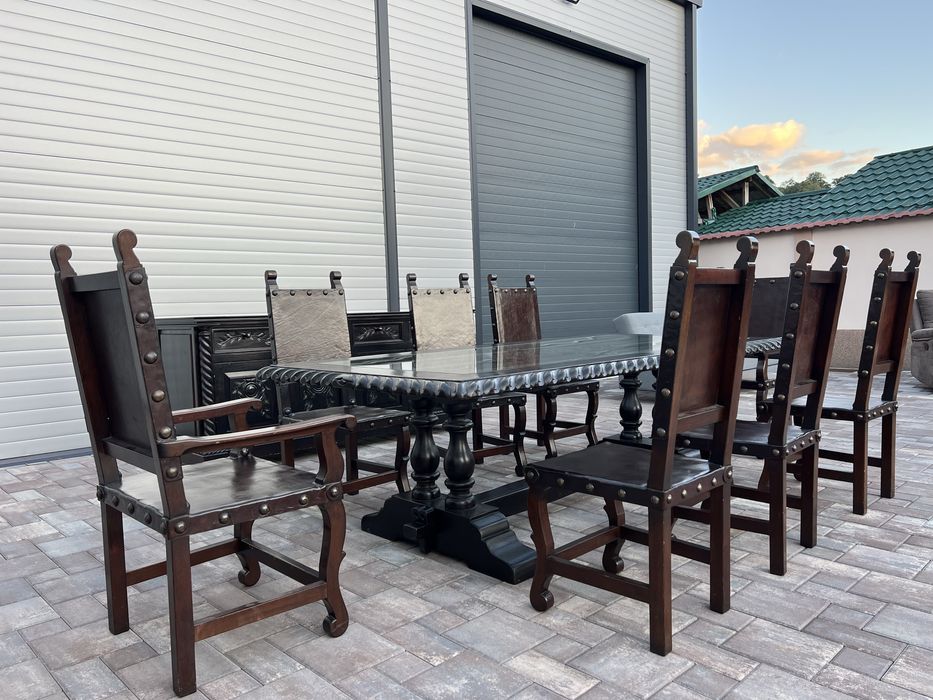 Set Masa Lemn Masiv + 8 Scaune + Servanta Stil Colonial Antic Baroc
