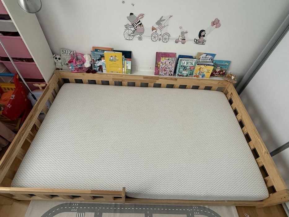 Pat copii cu barieră Mila Raily 200x120 cm + saltea