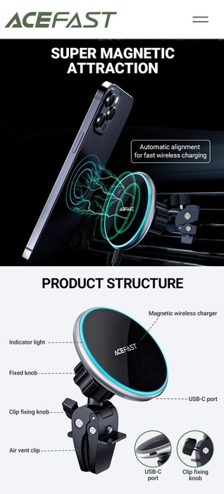 Acefast D3 Магнитный Авто Держатель 15W MagSafe iPhone 14 & 15 Series