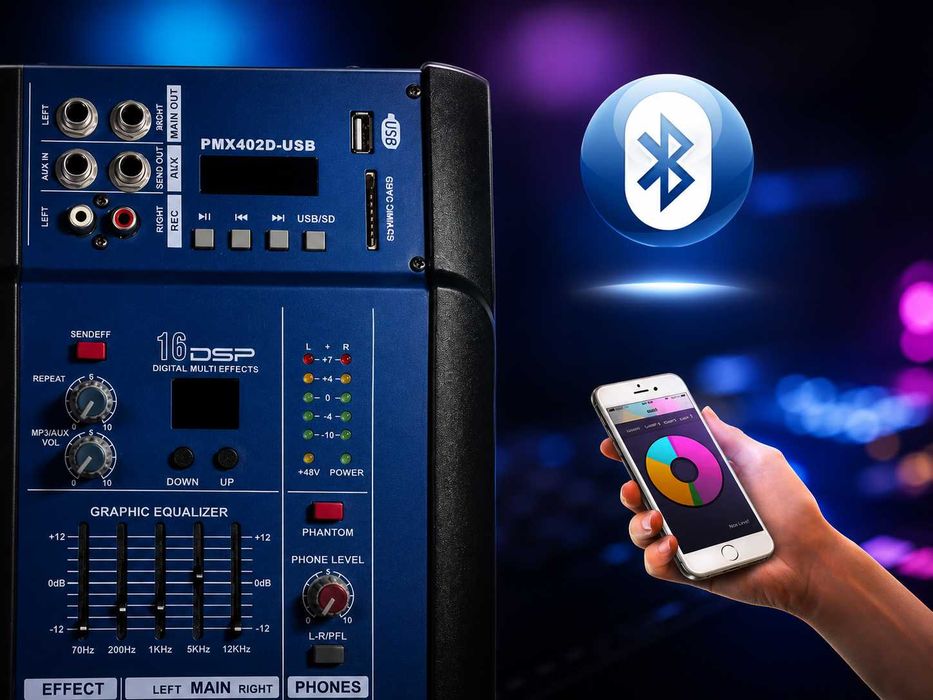 Mixer audio activ 2 X 350W 4 canale PMX402D Amplificat USB Bluetooth 16 efecte digitale DSP Egalizator
