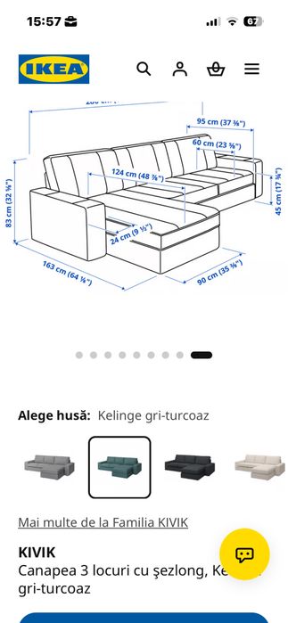 Canapea 3 locuri cu sezlong Ikea
