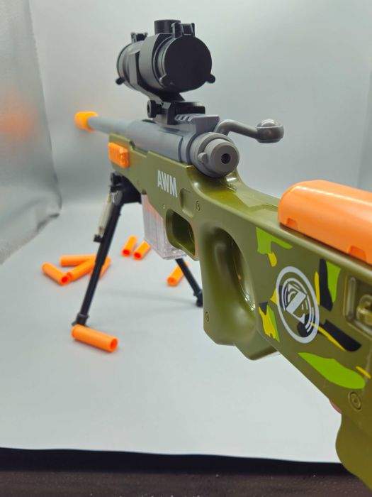 TOP! AGM MASTECH AWM детски бластер с меки дунапренени стрели, пълнители, мерник и стойка