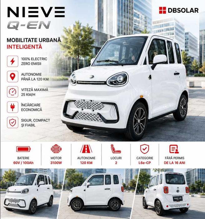 Mașină Electrică Fără Permis NIEVE Q-EN Alba, Baterie LITHIUM 100Ah, 120 Km Autonomie, Motor 3100W, 2 Locuri, Viteză 25 Km/h