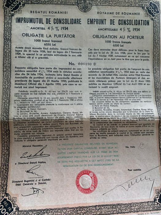 titlu stat 6550 lei 1000 Franci aur Romania 1934 bond neincasat