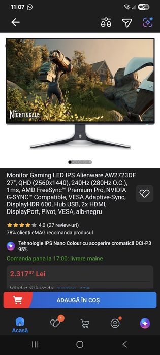 Alienware Gaming Monitor 27inch 2k 240HZ