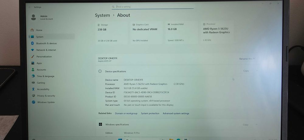 Laptop Acer Aspire 5 | Ryzen 5 5625U | 16GB RAM | SSD 256GB | Baterie 89%