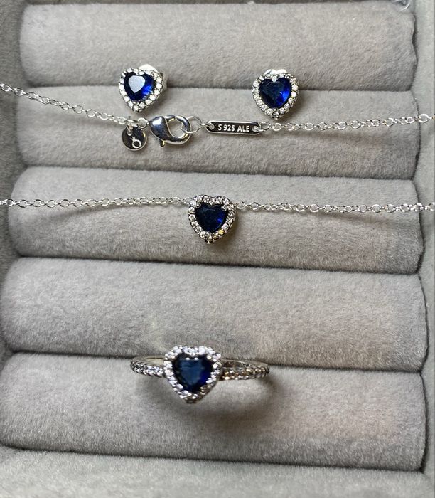 PANDORA Set Argint S925 – Inel mar.7, Cercei, Colier – Inimă Albastră – NOU