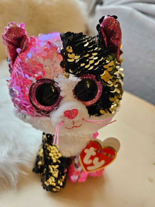 Jucarie de plus Pisica Malibu Ty, cu paiete interschimbabile, 15 cm,