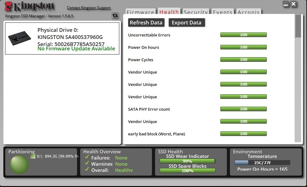 SSD Kingston A400 960GB SATA III – 2.5" – 99% Health – Testat