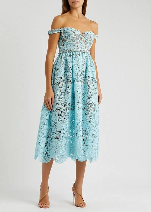 Рокля Self-portrait S/XS/UK8 синя дантела официална midi корсет криста