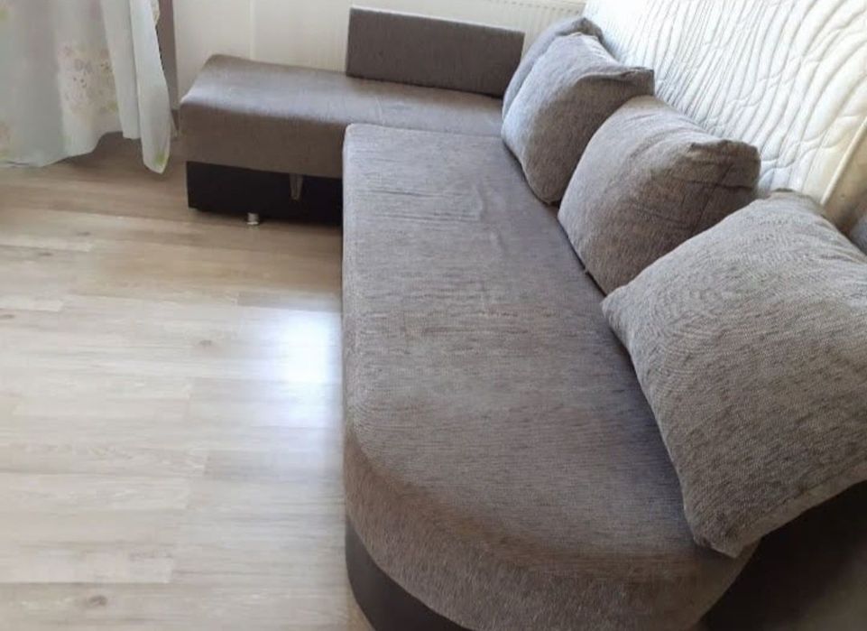 Colțar extensibil cu lada depozitare, 4 perne, stofa, gri 280x140 cm