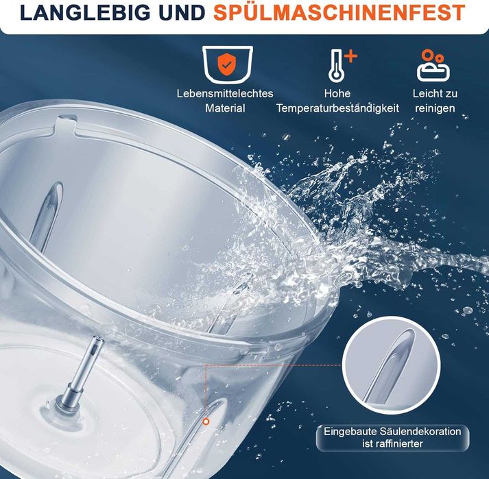 Стъклен чопър кухненски робот Bear 0.6L + 2L, 2 нива на скорост