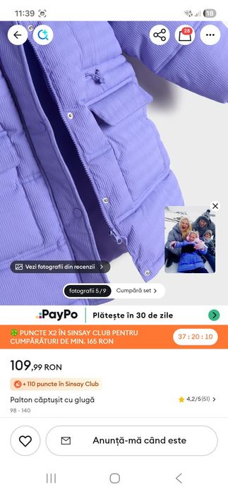 Geaca/fac  lila fete, 104 cm lungime impecabila