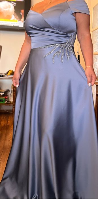 Rochie albastru gri de seara eleganta cu strasuri de cristal