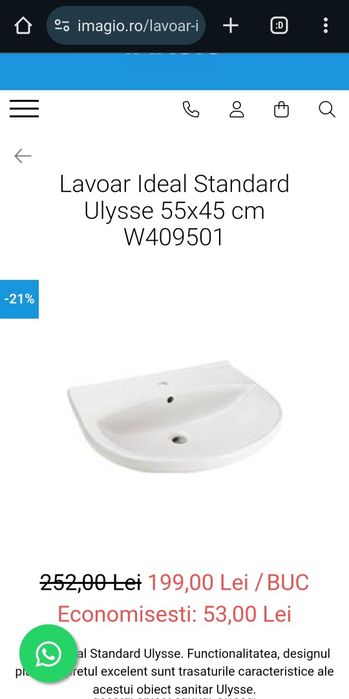Lavoar 55 x 45 + semi-picior ceramica, Vidima Ulysse, produs nou