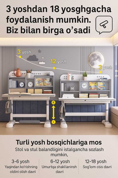 Парта + Стул Трансформер, эргономик (3-18 ёшгача) ДОСТАВКА БЕПУЛ!