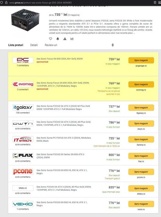 Sursa Seasonic Focus GX-850 2024 V4 gold.ATX3.1 NOUA.garantie 2034.11