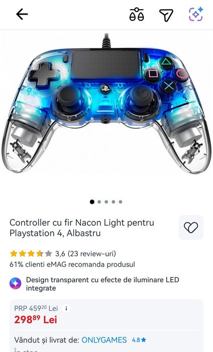 Controller cu fir Nacon Light pentru Playstation 4, Albastru
