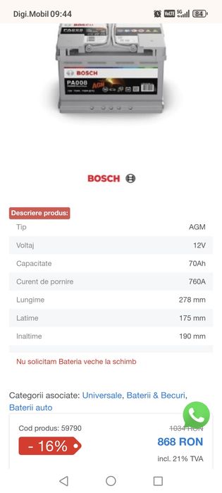 Acumulator Boch 70 Ah 760 A