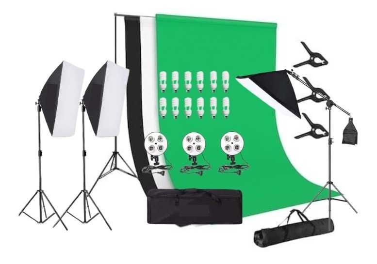 Kit studio foto, 3x softbox, suport fundal 2x3m, 12x bec 45W, 3 panze