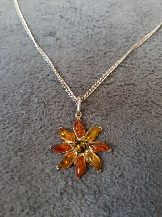 Superb lant cu pandantiv chihlimbar,argint 925,Italy nou,deosebit