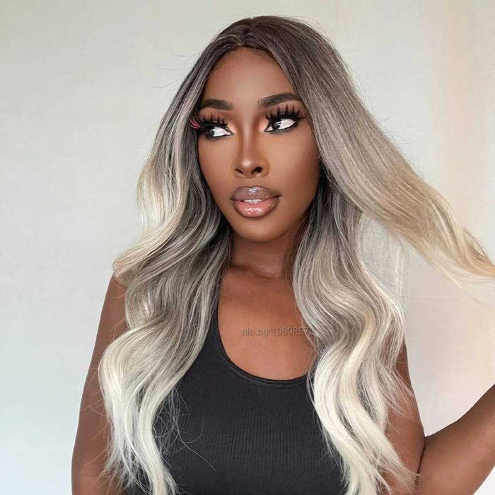 Омбре перука средна дължина - тъмни корени и пепеляво руси краища