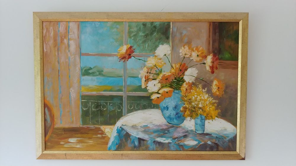 Tablou flori ghiveci masa fereastra balcon