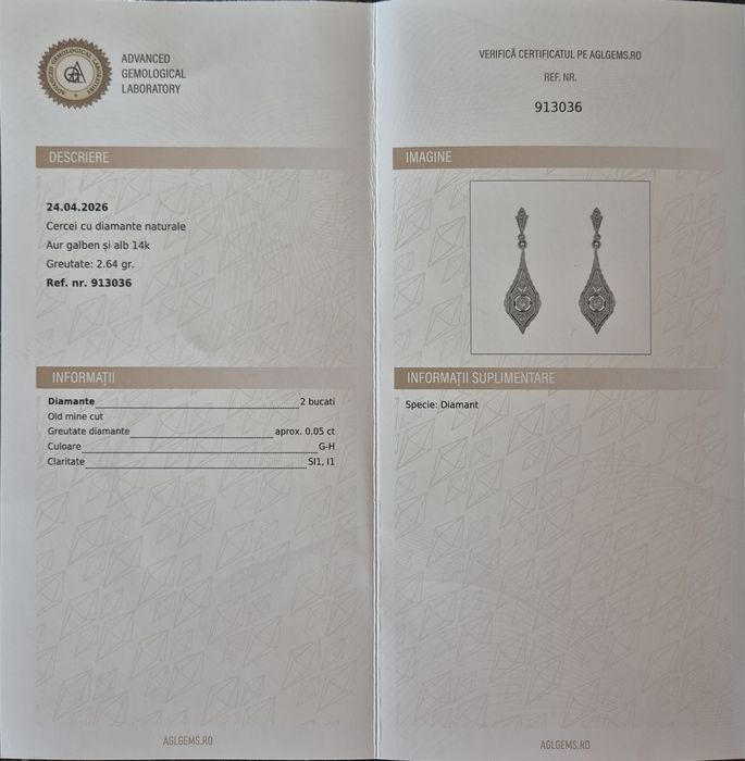 Cercei Art Deco autentici din aur de 14K cu diamante naturale
