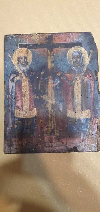 Icoană foarte rara 1858, românească Sfinții Constantin și Elena, de MATEI ZUGRAVUL.
