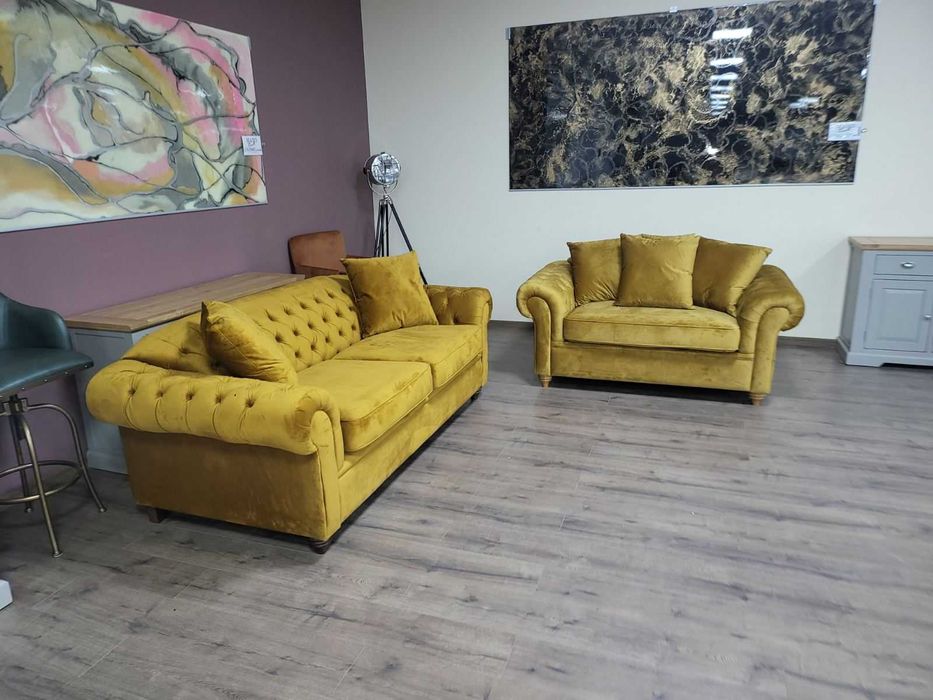 Жълт комплект дивани от плат - плюш тройка и двойка