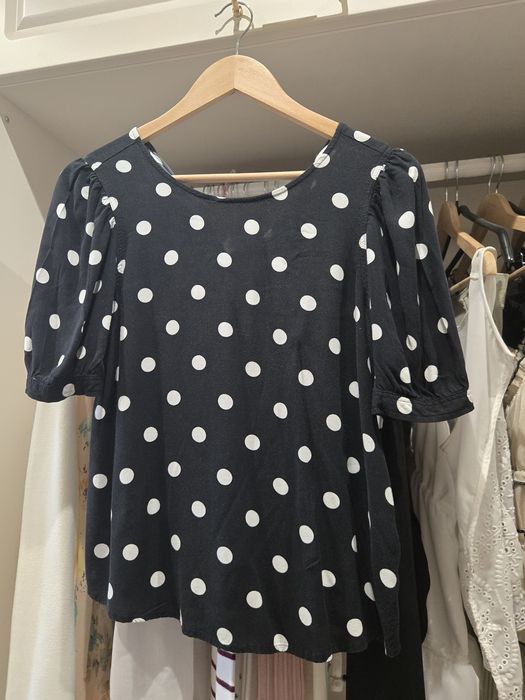 Черна блуза топ с буфан ръкав на точки M&S puffy sleeve polka dot top
