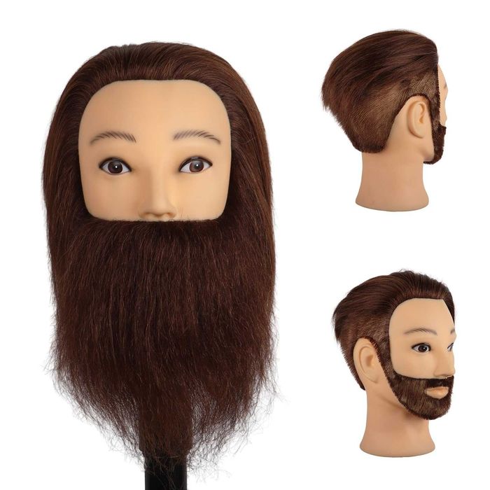 Cap de manechin de frizerie, masculin, cu par uman, maro, 30 cm