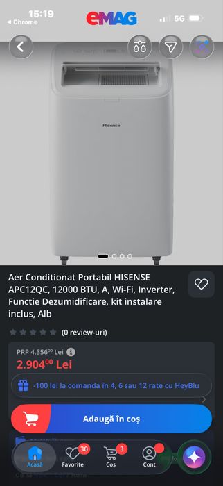 Aer Conditionat Portabil HISENSE, 12000 BTU, A, Wi-Fi, Inverter, Functie Dezumidificare, kit instalare inclus, Alb