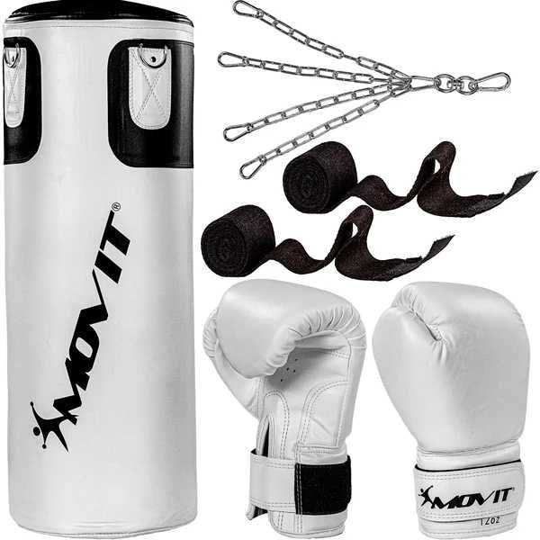 Set sac de box, manusi, bandaje, pentru adulti, negru MOVIT - ALB/NEGRU