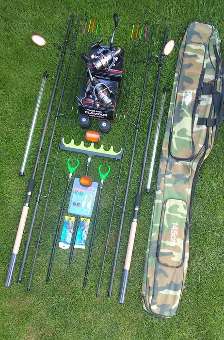 Set Feeder, 2 Lansete Sensitive 3,90m,2 Mulinete Glamour 5000,Suporți,Geanta, 2 Monturi+Matriță,Senzori,Fir